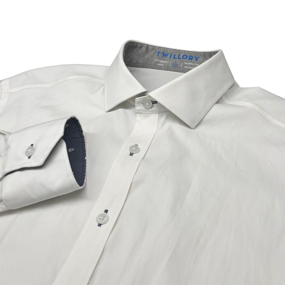 Twillory‎ Performance Dress Shirt Men 17 34-35 White Trim Fit Skull Cuff Accent